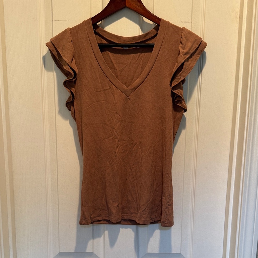Brown Ruffle Sleeve V-Neck Top